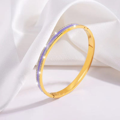 Simple Style Lines Stainless Steel Enamel Inlay Zircon Bangle