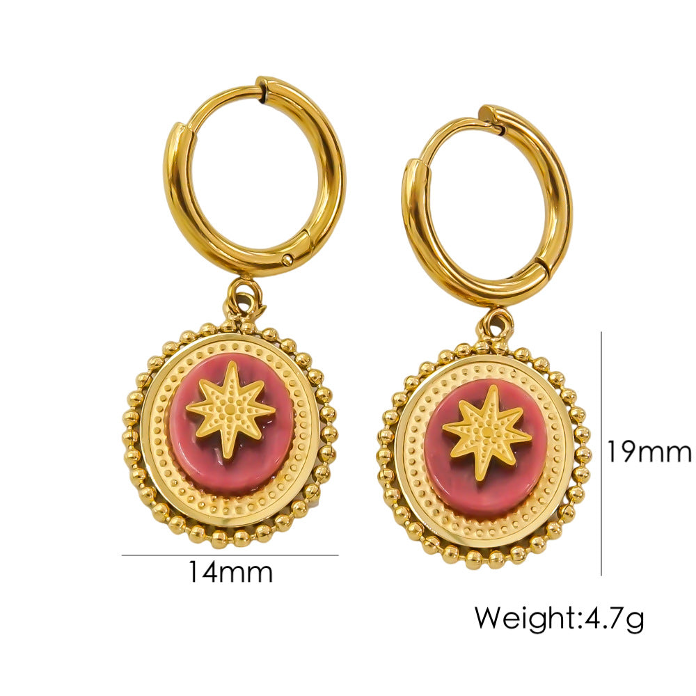 1 Pair British Style Color Block Oval Plating Inlay Stainless Steel Natural Stone 14k Gold Plated Drop Earrings