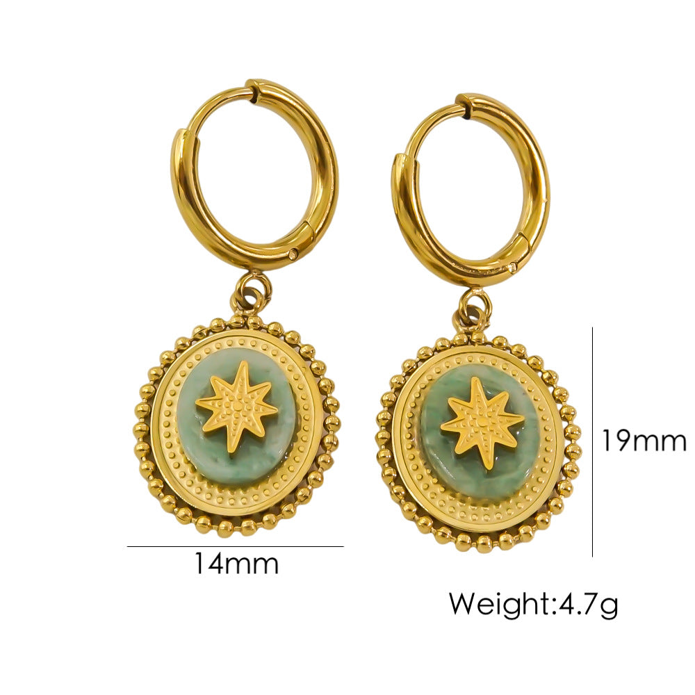 1 Pair British Style Color Block Oval Plating Inlay Stainless Steel Natural Stone 14k Gold Plated Drop Earrings