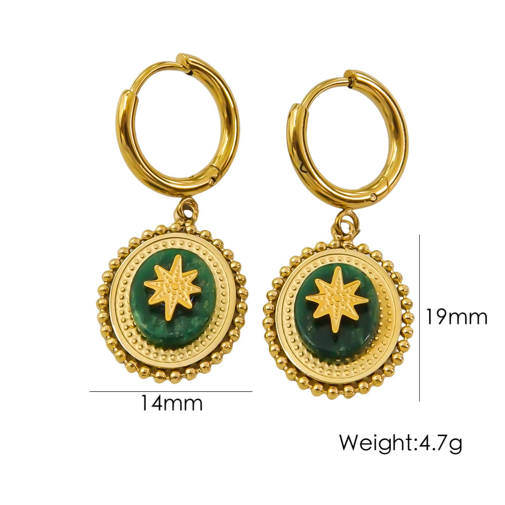 1 Pair British Style Color Block Oval Plating Inlay Stainless Steel Natural Stone 14k Gold Plated Drop Earrings