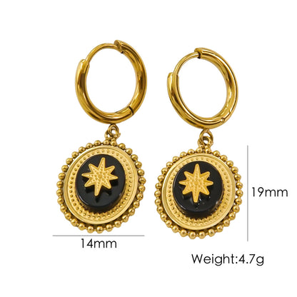 1 Pair British Style Color Block Oval Plating Inlay Stainless Steel Natural Stone 14k Gold Plated Drop Earrings