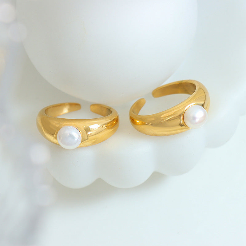 Sweet C Shape Titanium Steel Plating Inlay Pearl Open Ring