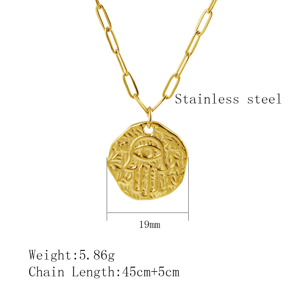 Stainless Steel 18K Gold Plated Vintage Style Hand Of Fatima Plating Pendant Necklace