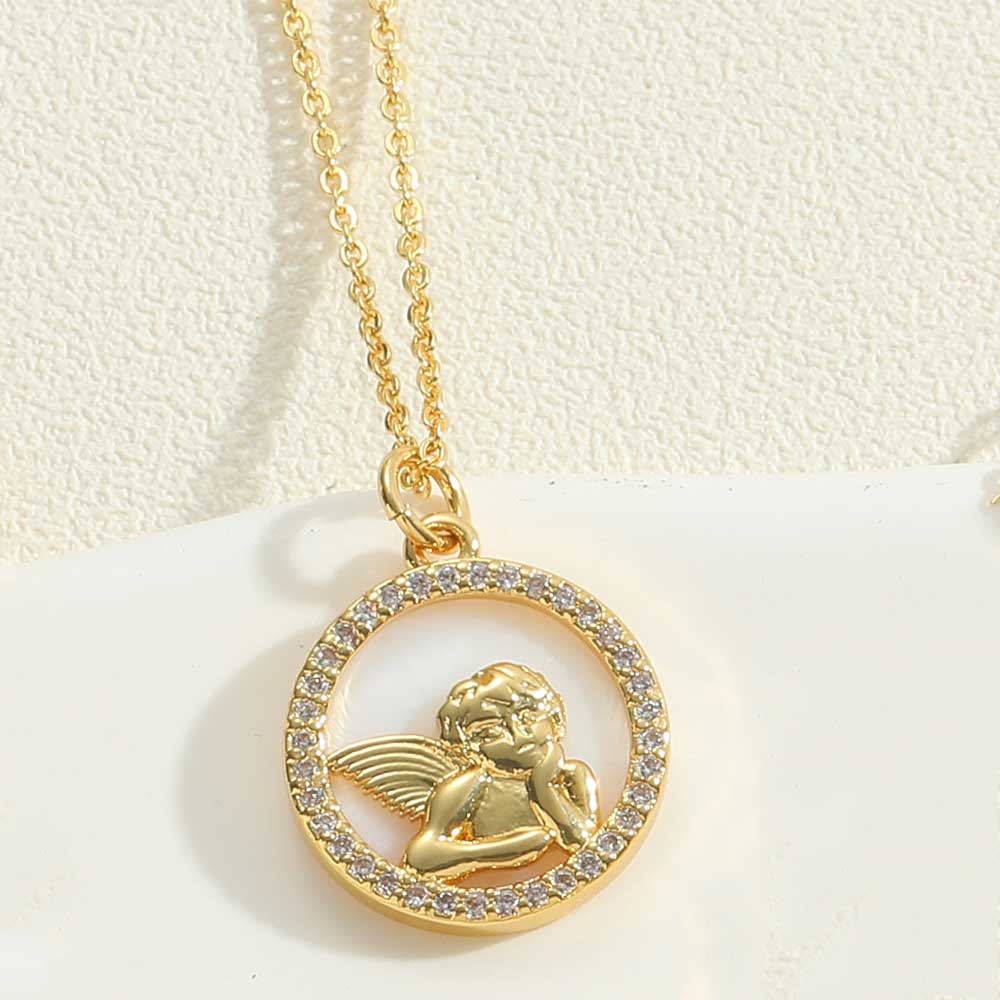 Ig Style Vintage Style Portrait Sun Letter Copper Enamel Plating Inlay Shell Zircon 14k Gold Plated Pendant Necklace