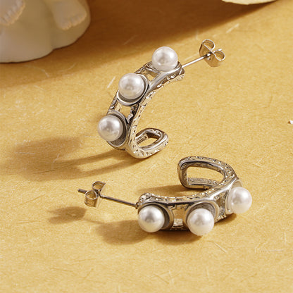 1 Pair Elegant Retro C Shape Plating Inlay Stainless Steel Artificial Pearls 18k Gold Plated Ear Studs