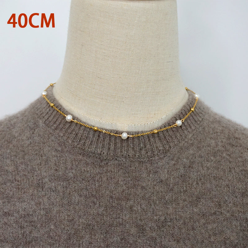 Freshwater Pearl Titanium Steel Simple Style Classic Style Round Beaded Plating Sweater Chain Long Necklace