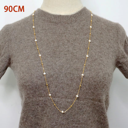 Freshwater Pearl Titanium Steel Simple Style Classic Style Round Beaded Plating Sweater Chain Long Necklace