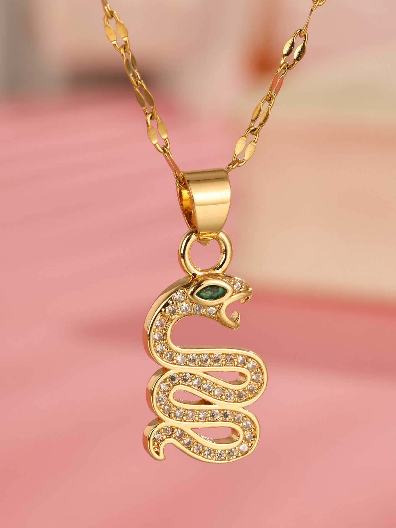 Stainless Steel Shiny Snake Plating Inlay Zircon Pendant Necklace