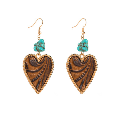 1 Pair Elegant Vintage Style Heart Shape Plating Inlay Alloy Artificial Leather Turquoise Drop Earrings