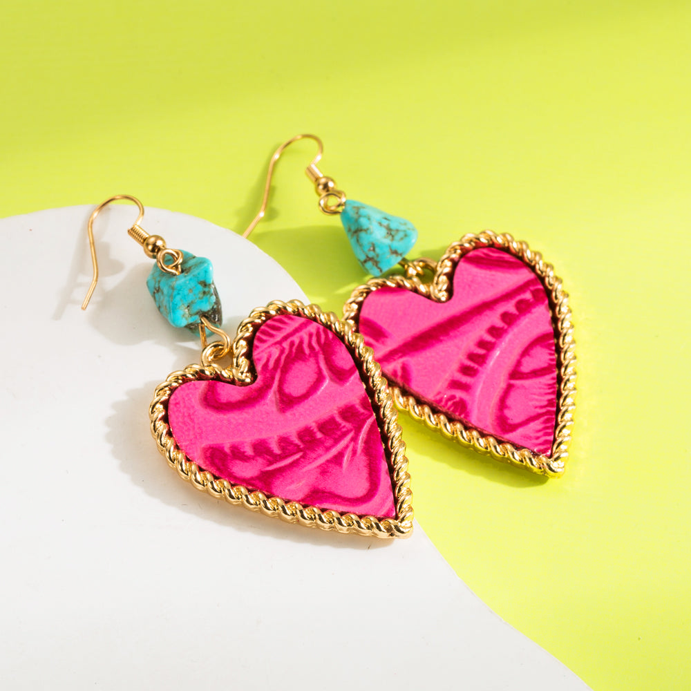 1 Pair Elegant Vintage Style Heart Shape Plating Inlay Alloy Artificial Leather Turquoise Drop Earrings