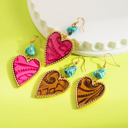 1 Pair Elegant Vintage Style Heart Shape Plating Inlay Alloy Artificial Leather Turquoise Drop Earrings