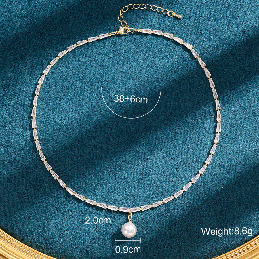 Copper Elegant Shiny Round Inlay Artificial Pearls Zircon Pendant Necklace