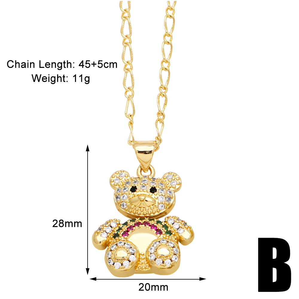 Cute Modern Style Simple Style Little Bear Copper Plating Hollow Out Inlay Pearl Zircon 18k Gold Plated Pendant Necklace