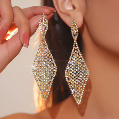 1 Pair Elegant Tassel Rhombus Inlay Alloy Rhinestones Drop Earrings