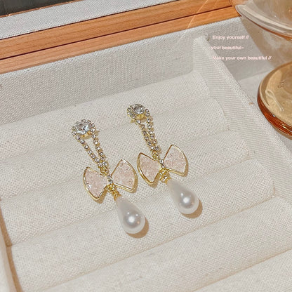 1 Pair Sweet Bow Knot Plating Inlay Copper Artificial Pearls Artificial Diamond Drop Earrings