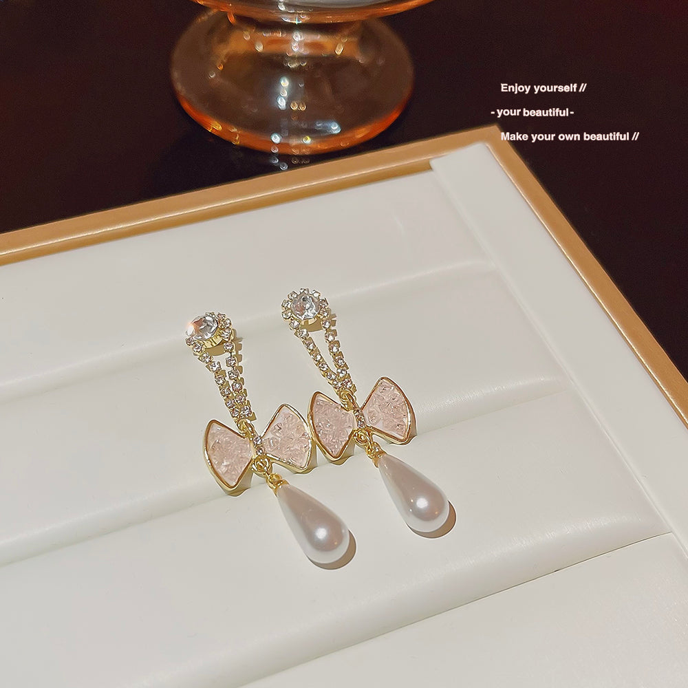 1 Pair Sweet Bow Knot Plating Inlay Copper Artificial Pearls Artificial Diamond Drop Earrings