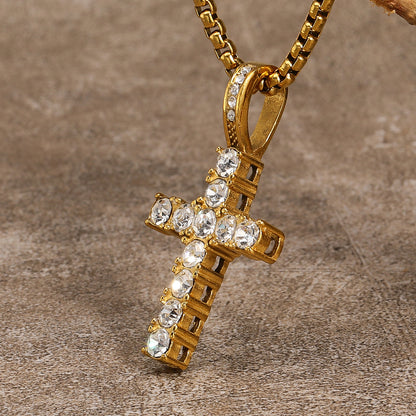 Titanium Steel Ig Style Hip-hop Korean Style Cross Inlay Zircon Pendant Necklace