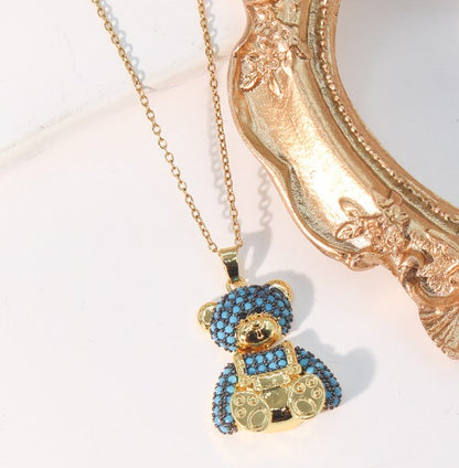 Cute Bear Titanium Steel Copper Plating Inlay Zircon Pendant Necklace