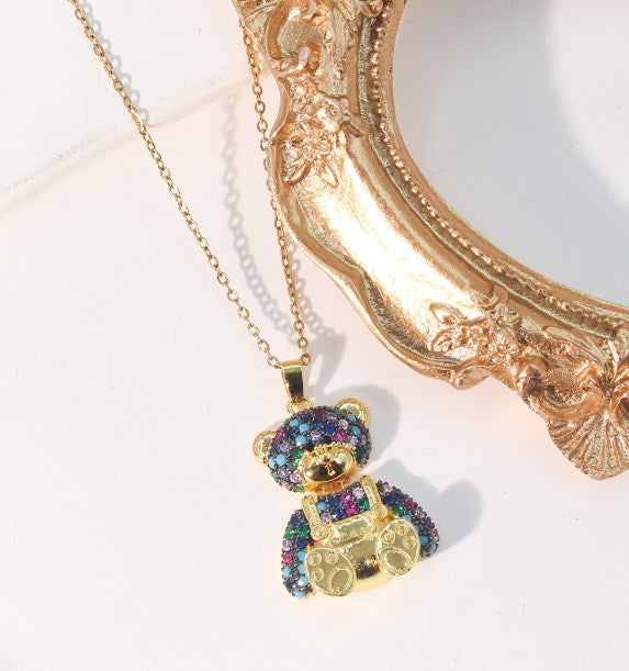 Cute Bear Titanium Steel Copper Plating Inlay Zircon Pendant Necklace