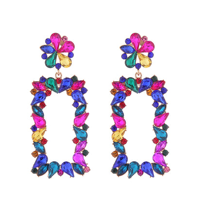 1 Pair Exaggerated Luxurious Flower Rectangle Inlay Alloy Rhinestones Glass Drop Earrings