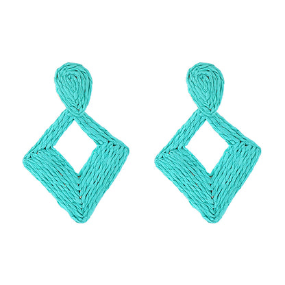 1 Pair Bohemian Geometric Rhombus Handmade Alloy Raffia Drop Earrings