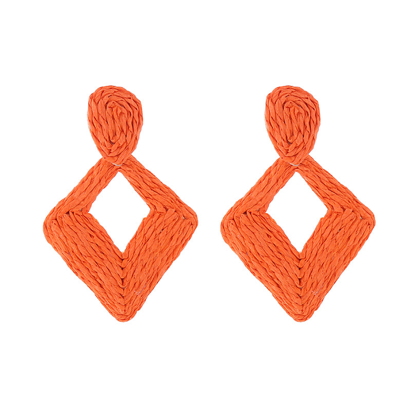 1 Pair Bohemian Geometric Rhombus Handmade Alloy Raffia Drop Earrings