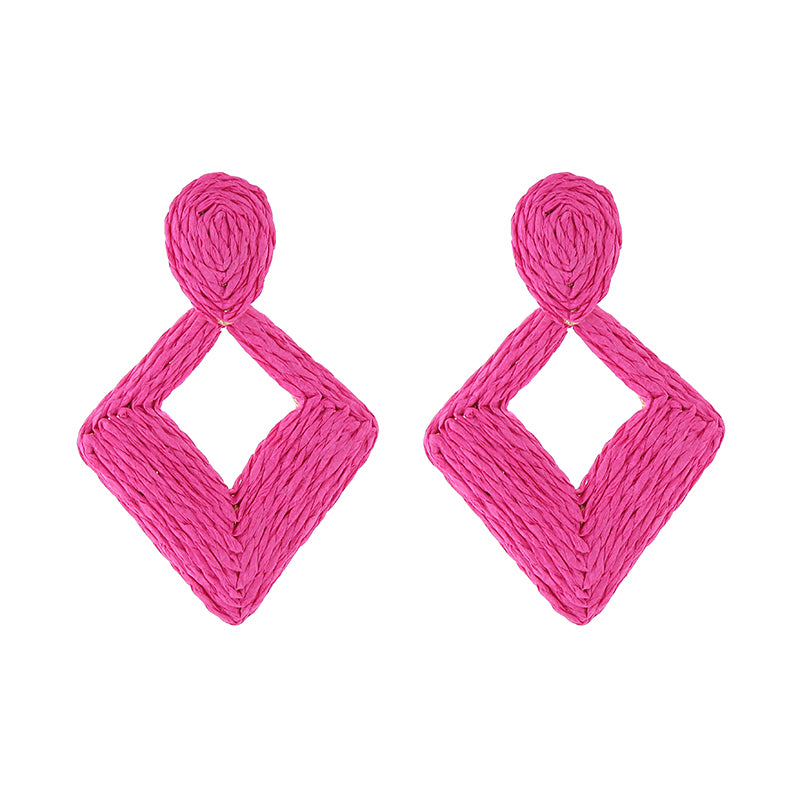 1 Pair Bohemian Geometric Rhombus Handmade Alloy Raffia Drop Earrings