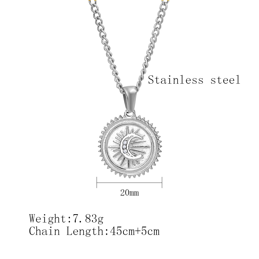 Stainless Steel Retro Sun Moon Plating Inlay Zircon Pendant Necklace