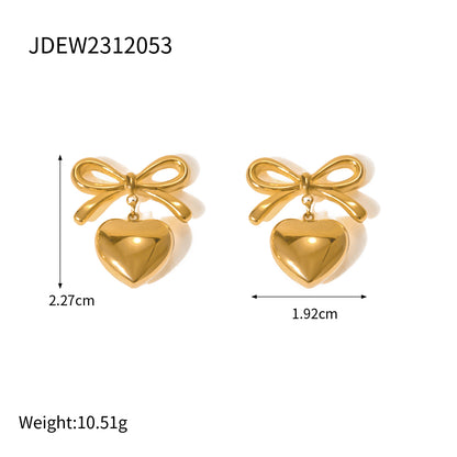 1 Pair Simple Style Heart Shape Bow Knot Plating Stainless Steel Drop Earrings