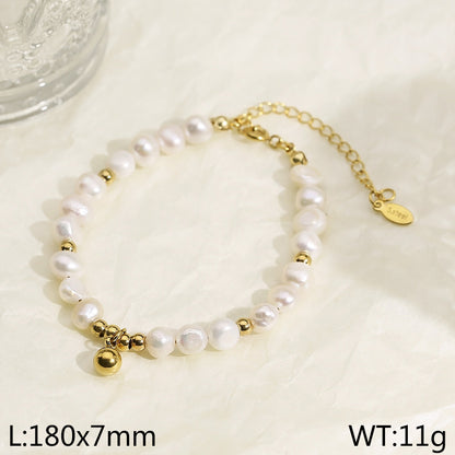 Elegant Simple Style Round Freshwater Pearl Titanium Steel Beaded Women's Bracelets Earrings Necklace