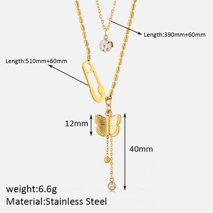 Elegant Solid Color Butterfly Stainless Steel Plating Inlay Zircon 18k Gold Plated Pendant Necklace