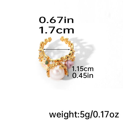 Baroque Style Vacation Flower Copper Plating Hollow Out Inlay Freshwater Pearl Zircon 18k Gold Plated Open Rings