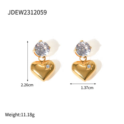 1 Pair IG Style Heart Shape Inlay 316 Stainless Steel  Zircon 18K Gold Plated Drop Earrings