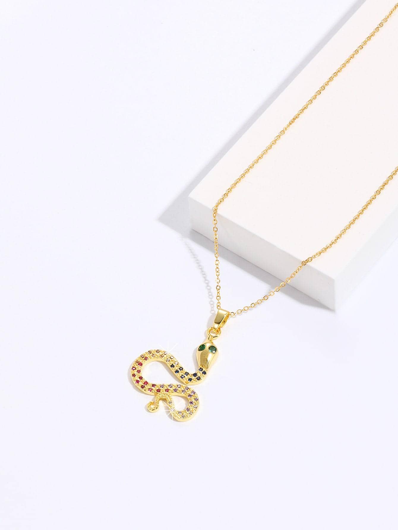 Ig Style Snake Copper Plating Inlay Zircon 18k Gold Plated Pendant Necklace