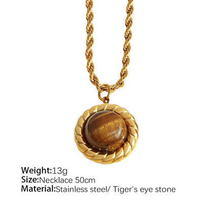 Titanium Steel Elegant Retro Round Plating Inlay Tiger Eye Earrings Necklace