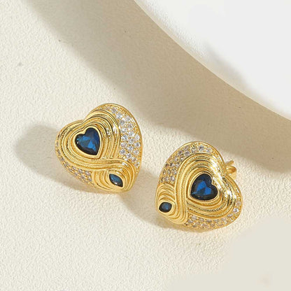 1 Pair Vintage Style Heart Shape Inlay Copper Zircon 14K Gold Plated Ear Studs