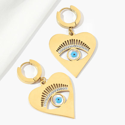 1 Pair Casual Devil's Eye Heart Shape Polishing Plating Inlay Titanium Steel Rhinestones Drop Earrings