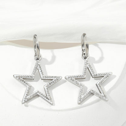 1 Pair Simple Style Pentagram Polishing Plating Inlay Titanium Steel Rhinestones Drop Earrings