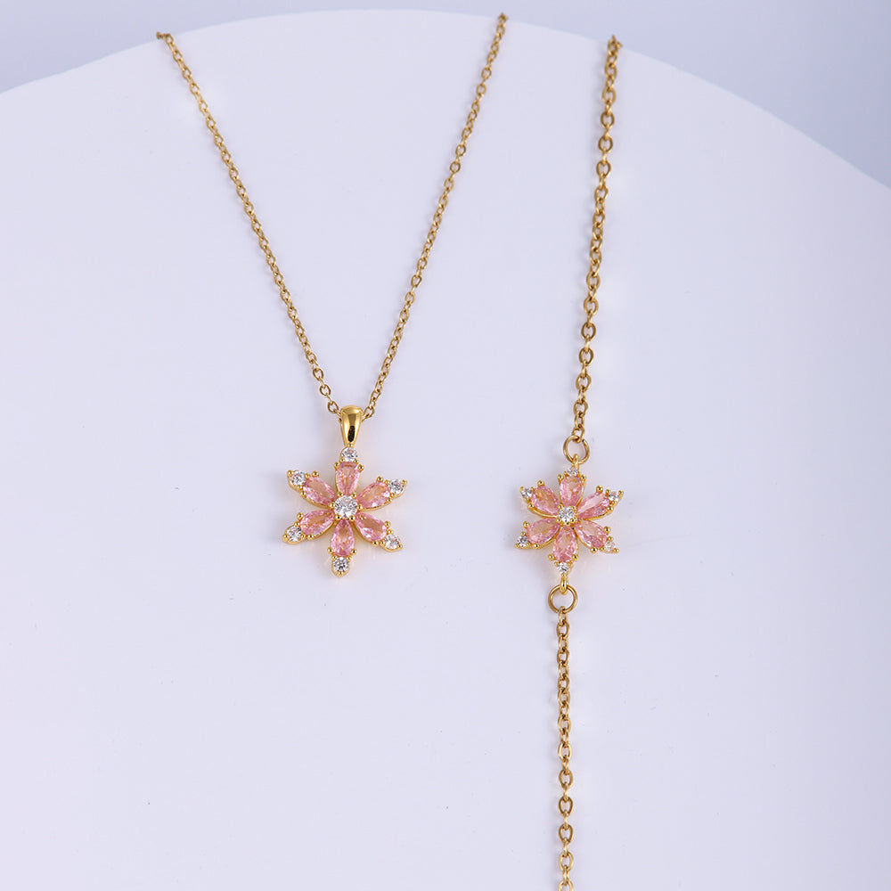 Stainless Steel Copper Sweet Flower Inlay Zircon Jewelry Set