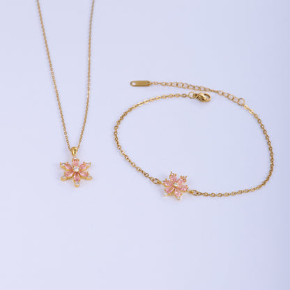 Stainless Steel Copper Sweet Flower Inlay Zircon Jewelry Set