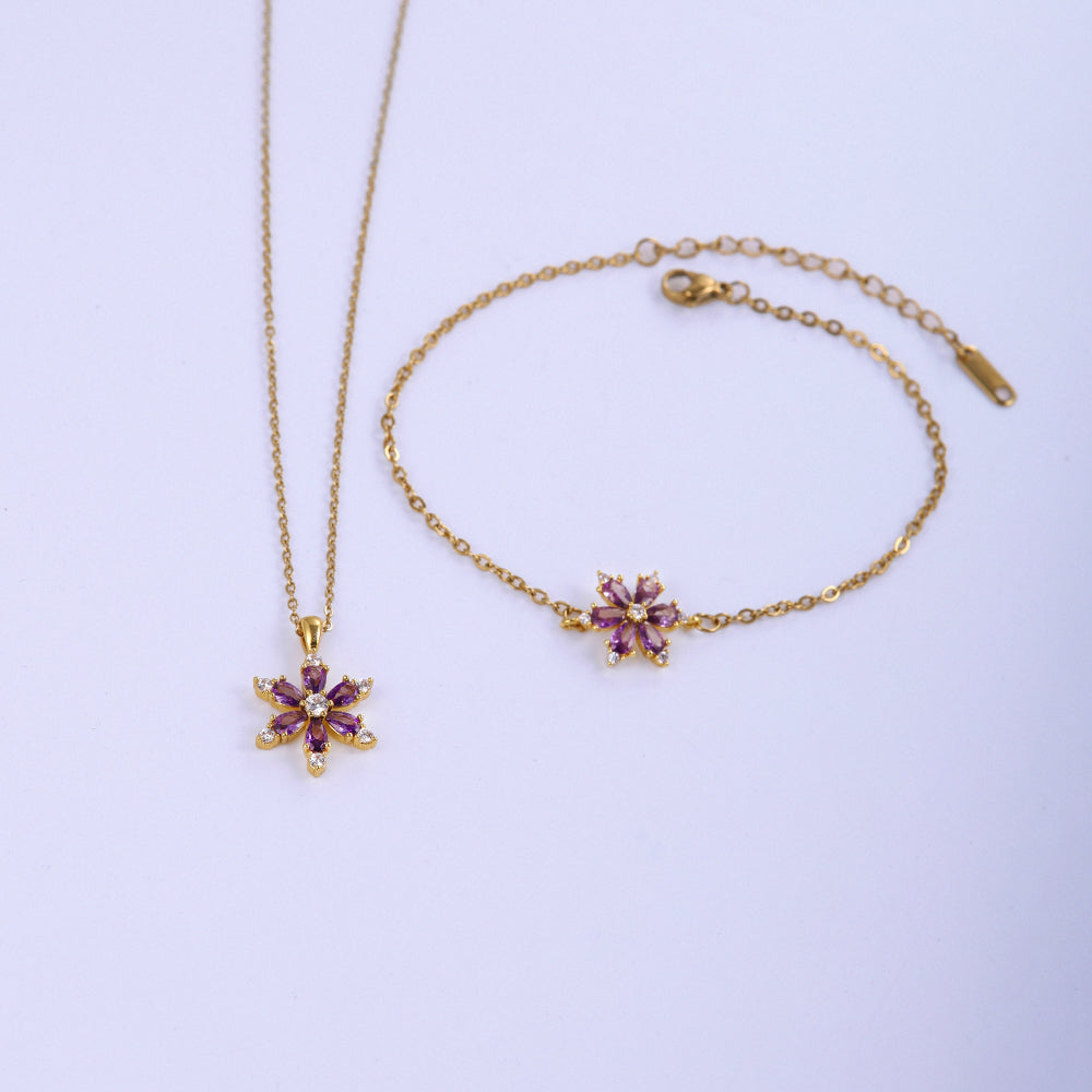 Stainless Steel Copper Sweet Flower Inlay Zircon Jewelry Set