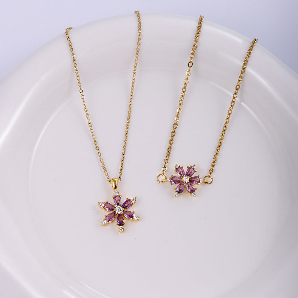 Stainless Steel Copper Sweet Flower Inlay Zircon Jewelry Set