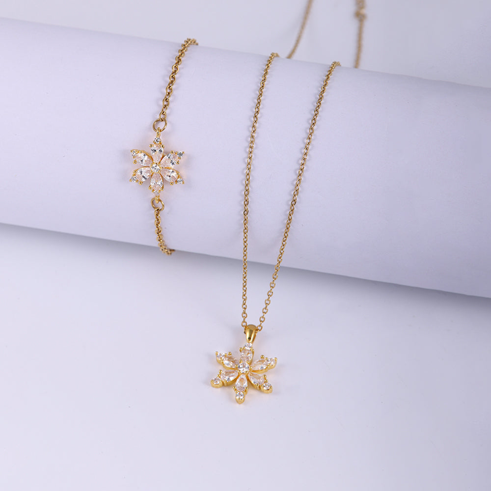 Stainless Steel Copper Sweet Flower Inlay Zircon Jewelry Set