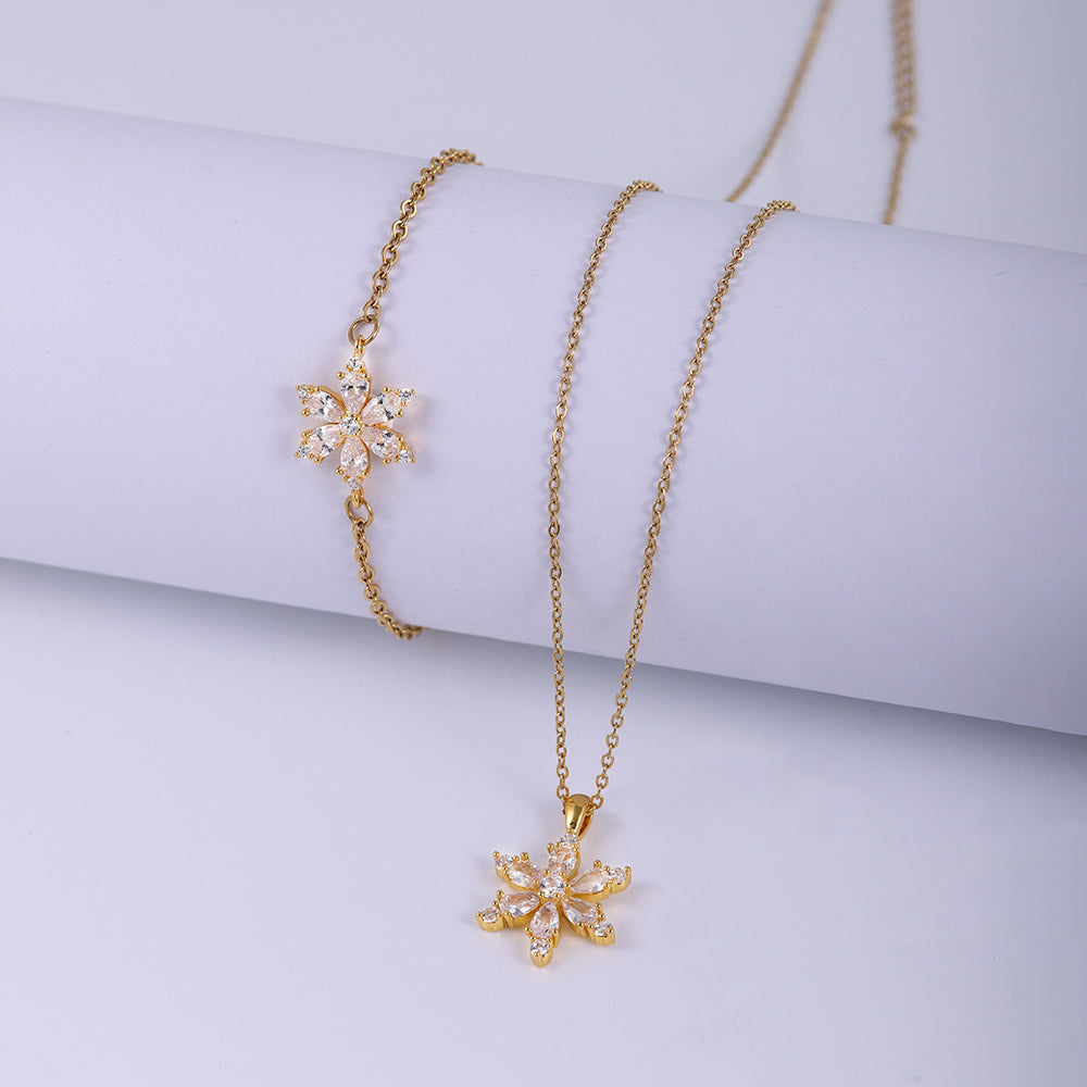 Stainless Steel Copper Sweet Flower Inlay Zircon Jewelry Set