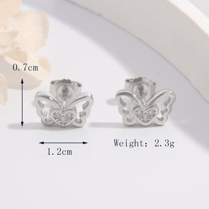 1 Pair Cute Heart Shape Butterfly Plating Inlay Sterling Silver Zircon Ear Studs