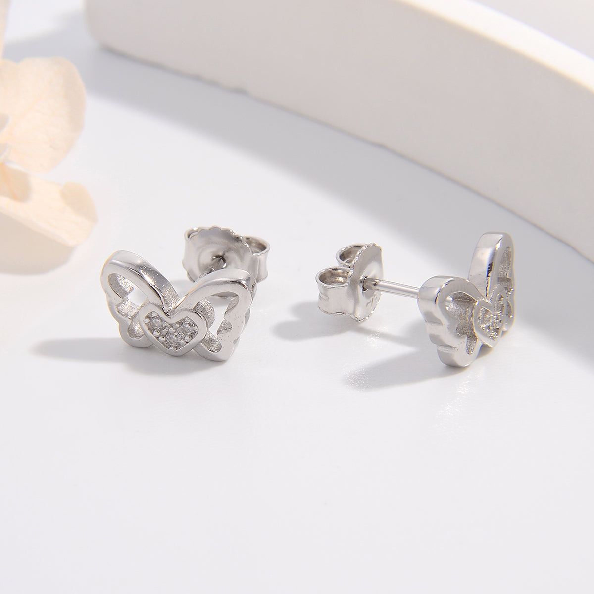 1 Pair Cute Heart Shape Butterfly Plating Inlay Sterling Silver Zircon Ear Studs