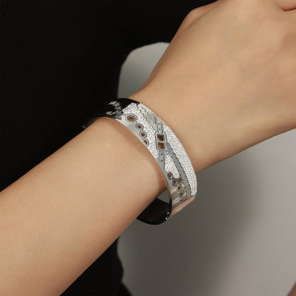 Titanium Steel Ig Style Flower Chains Print Plating Hollow Out Inlay Rhinestones Bangle