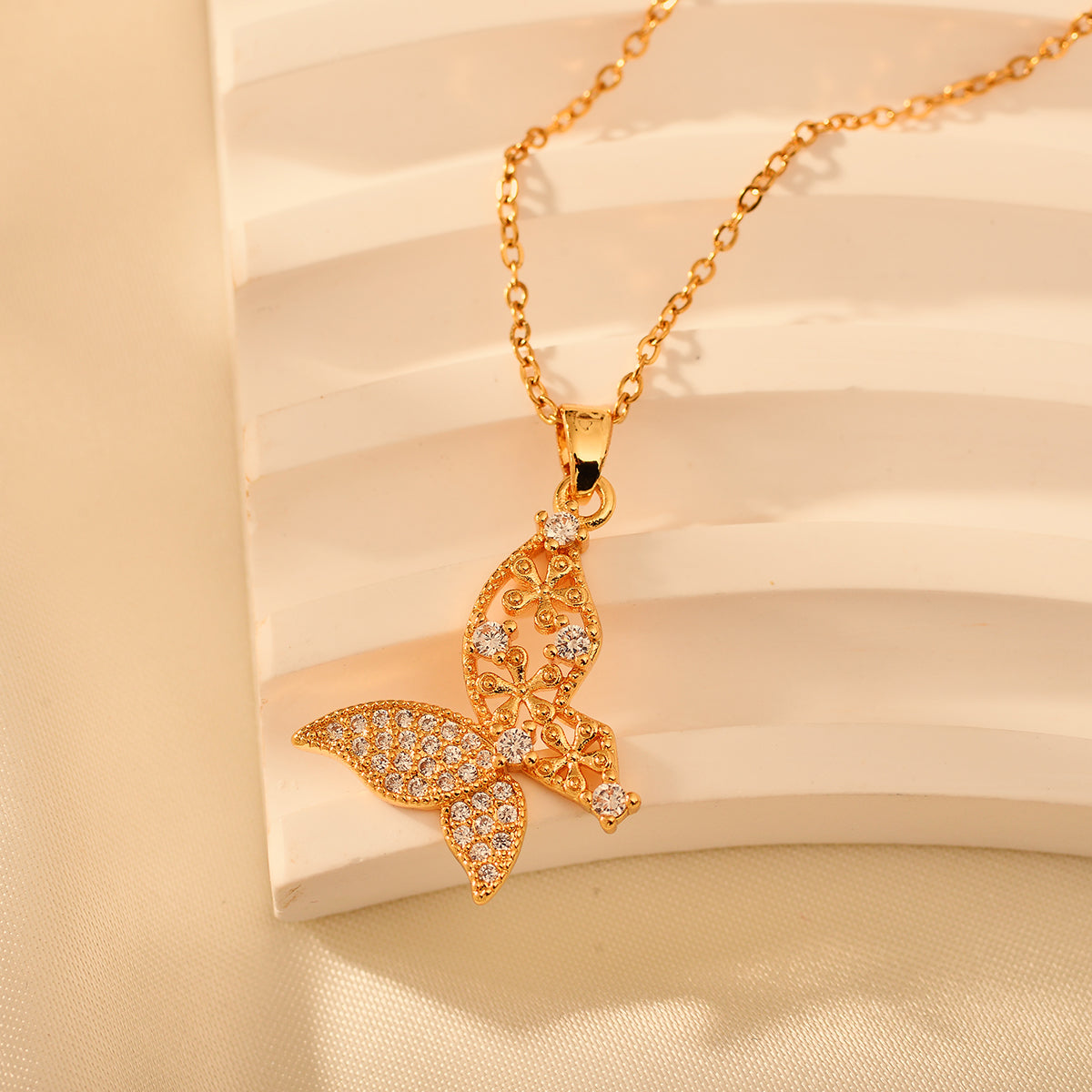 Copper Elegant Simple Style Flower Butterfly Plating Hollow Out Inlay Zircon Pendant Necklace