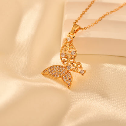 Copper Elegant Simple Style Flower Butterfly Plating Hollow Out Inlay Zircon Pendant Necklace