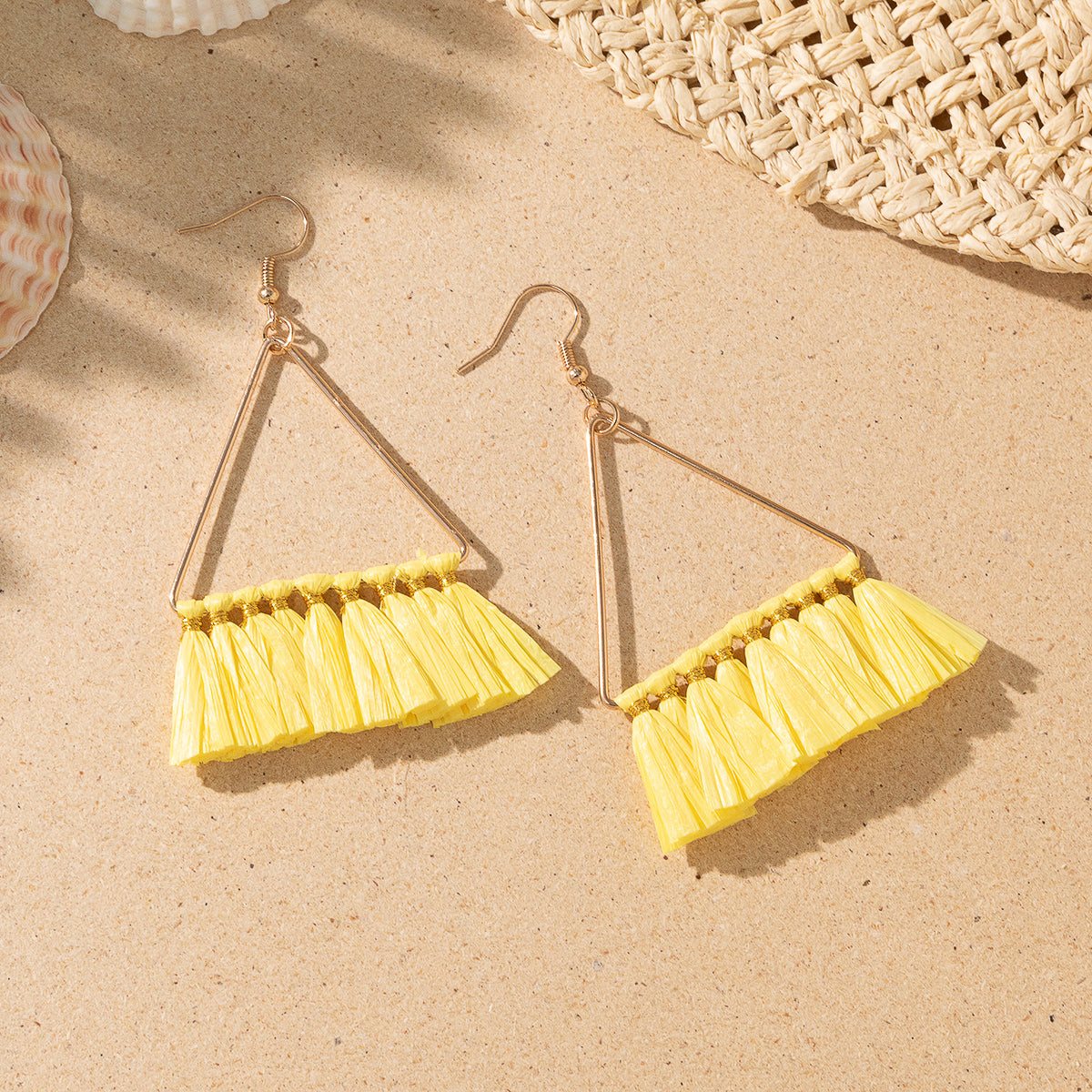 1 Pair Vacation Bohemian Triangle Round Water Droplets Tassel Straw Drop Earrings